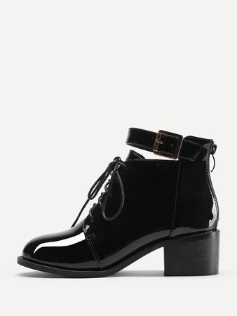 Lace Up Block Heeled Patent Leather Boots