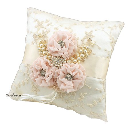 Ring Bearer Pillow Flower Girl Basket Set Gold Ivory Pink Blush Elegant Vintage Style Lace Wedding Basket Ring Cushion