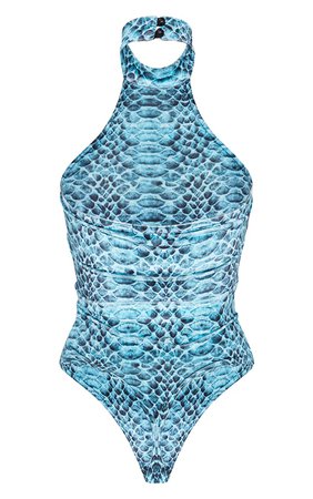 Blue Snake Printed Velvet Halterneck Bodysuit | PrettyLittleThing USA