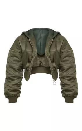 Plt Khaki Slogan Back Jersey Hooded Bomber Jacket | PrettyLittleThing USA