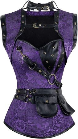Charmian Women's Steel Boned Retro Goth Brocade Steampunk Bustiers Corset Top with Jacket and Belt Red Small at Amazon Women’s Clothing store