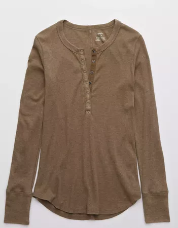 Aerie Ribbed Henley Long Sleeve T-Shirt brown
