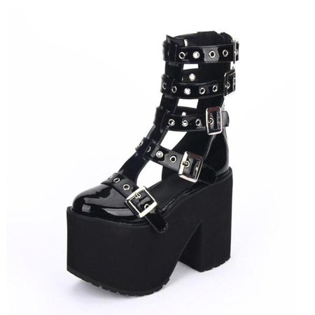 buckle strapped patent leather ultra platform boots