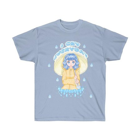(158) I Cry Everyday T-shirt - Cute Yume Kawaii Fairy Kei Harajuku Blue Tears Rain Yellow Raincoat Pastel Sad Depressed Japanese Anime Art Girl Fa