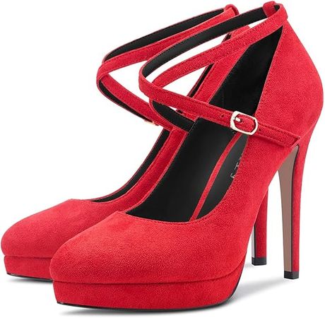 Amazon.com | DearOnly Womens Platform Heel Pumps Closed Toe Ankle Strap Stiletto High Heel Suede Bridal Wedding Dress Shoes 5 Inch | Pumps