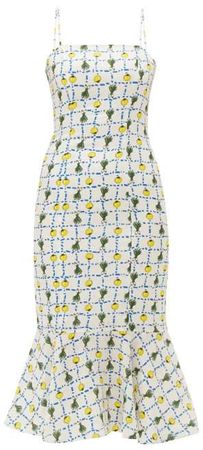 Vegetable Print Fishtail Hem Linen Midi Dress - Womens - Ivory Multi