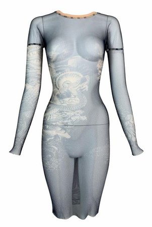 1990's Jean Paul Gaultier Sheer Fishnet Mesh Tattoo Wiggle Dress | My Haute Wardrobe