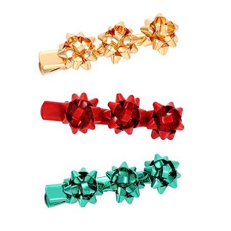 ANGLESJELL Christmas Gift Bow Hair Clips Xmas Present Bow Hair Pin Holiday Gift for Women Girls (Red+Green+Gold) : Beauty