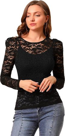 Allegra K Women's Lace Embroidery Semi Sheer Vintage Puff Sleeve Top Medium Black at Amazon Women’s Clothing store