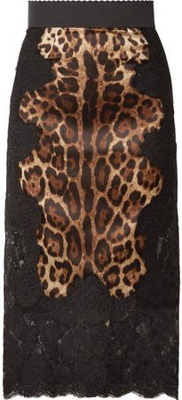 Lace And Leopard-print Charmeuse Midi Skirt - Black