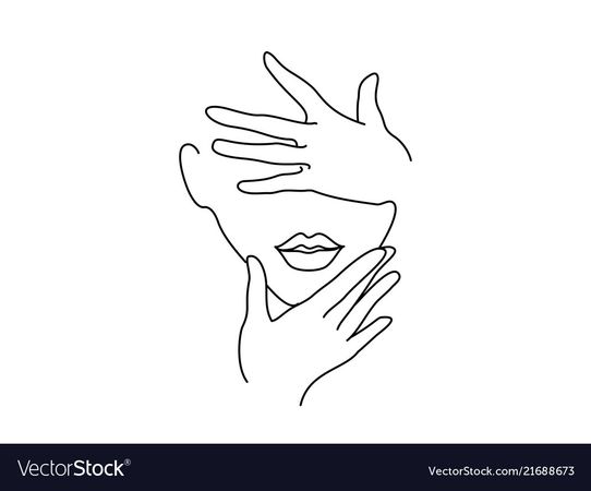 Line drawing art woman face with hands Royalty Free Vector