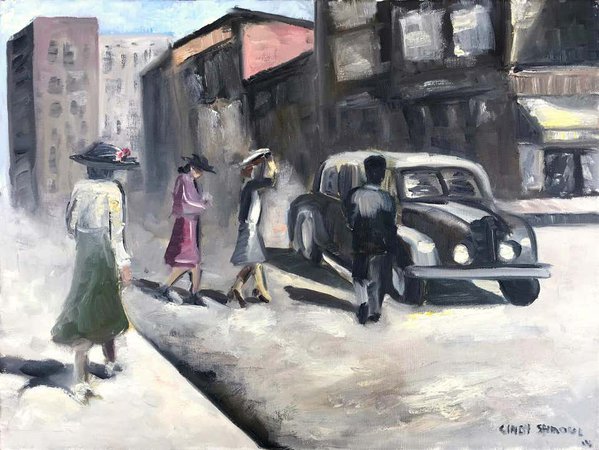 Cindy Shaoul - "Rodeo Drive 1920" Impressionistic Street Scene Oil Painting on Canvas For Sale at 1stDibs