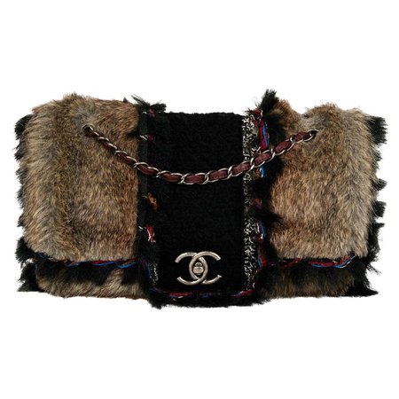 CHANEL Natural Faux Fur and Black Tweed Maxi Classic Single Flap Bag For Sale at 1stDibs