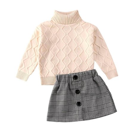 Toddler Girl High Collar Sweater Plaid Skirt 2-Piece Outfit Set – The Trendy Toddlers