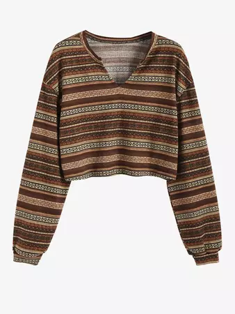 Women's Ethnic Style Tribal Geo Aztec Printed V-notched Pullover Crop Knitwear Sweater In MULTI | ZAFUL 2024