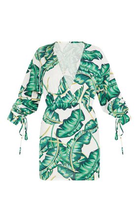 Green Tropical Ruched Arm Bodycon Dress | PrettyLittleThing