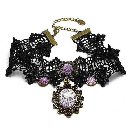 goth choker necklace purple cameo and stones