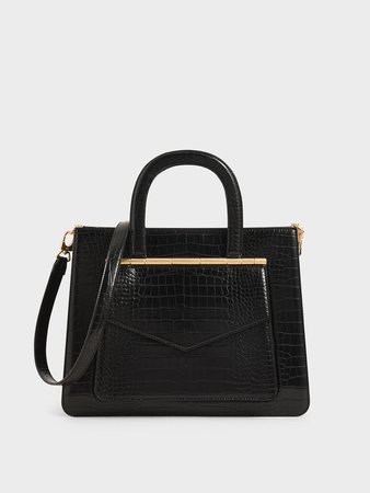 Black Croc-Effect Structured Tote Bag - CHARLES & KEITH US