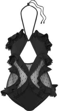 Allia Cutout Ruffled Swiss Dot Tulle-paneled Swimsuit - Black
