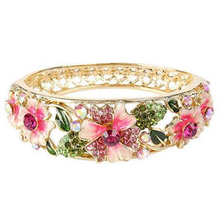 EleQueen Austrian Crystal Enamel Flower Leaf Bangle Bracelet