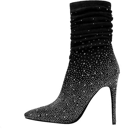 Amazon.com | HiColor Women's Side Zipper Pointed Toe Boots, Ladies Faux Suede Pleated wrinkle Shiny Crystal shoes Diamonds High heels Sexy Boots | Shoes