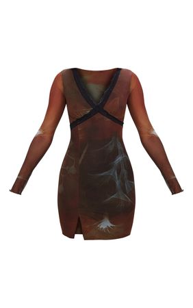 Chocolate Blur Floral Print Mesh Lace Detail Split Hem Shift Dress | PrettyLittleThing USA