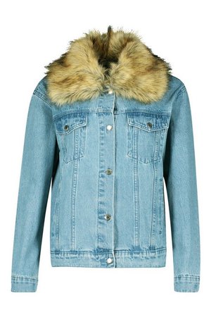 Faux Fur Collar Denim Jacket | Boohoo blue