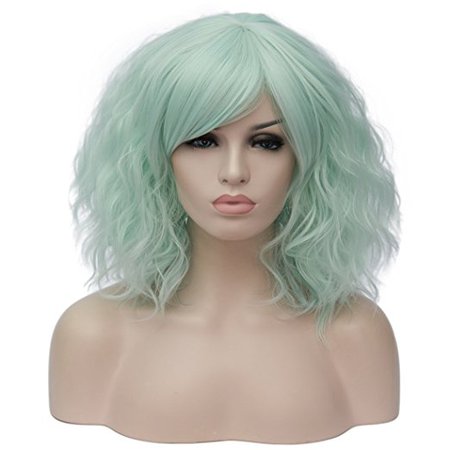 Alacos Fashion 35cm Short Curly Bob Anime Cosplay Wig Daily Party Christmas Halloween Synthetic Heat Resistant Wig for Women +Free Wig Cap (Neon Green Side Parting)