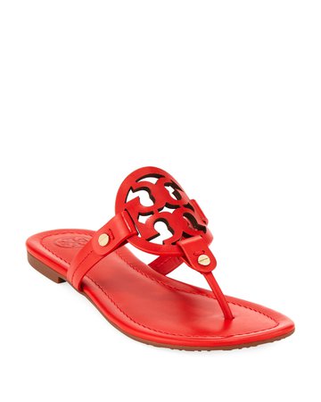 Tory Burch Miller Leather Logo Flat Slide Sandals | Neiman Marcus