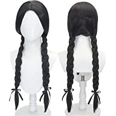 Amazon.com : Uniquebe Wednesday Addams Wig Women Long Braided Black Middle Part Wig with Pigtail + Wig Cap for Halloween Costume Cosplay : Beauty & Personal Care