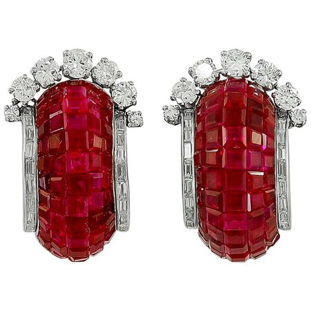 Van Cleef and Arpels Diamond, Mystery-Set Ruby Ear Clips For Sale at 1stDibs