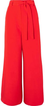 Belted Silk-crepe Wide-leg Pants - Red