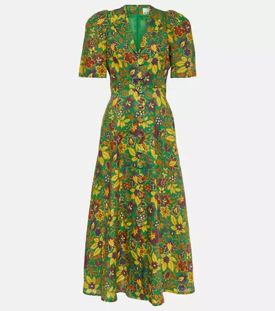 Isabella V Floral Linen Midi Dress in Green - Alemais | Mytheresa