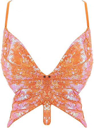 Novia's Choice Women's Sequin Crop Top Butterfly Tank Top Bandage Indian Belly Dance Costume Outfits(Orange) at Amazon Women’s Clothing store