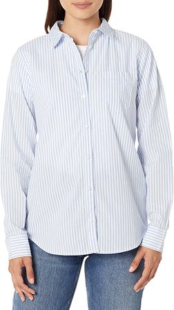 Amazon.com: Amazon Essentials Women's Classic-Fit Long-Sleeve Button-Down Poplin Shirt, French Blue, Stripe, Large : Clothing, Shoes & Jewelry