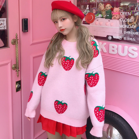 Oversized Kawaii Pink Strawberry Knitted Sweater on Storenvy