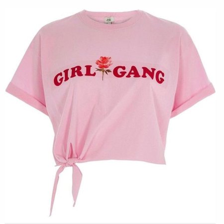 pink, tied-up "girl gang" t-shirt