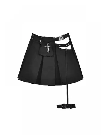 Leg Loop Design Cross Waist Bag Black Pleated Skirt