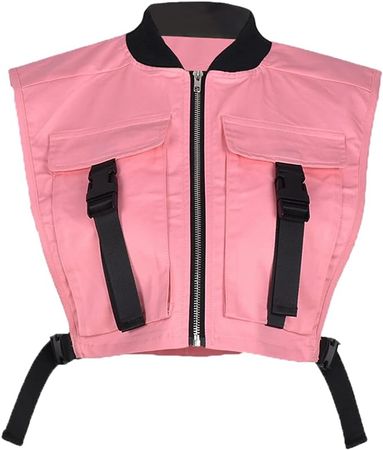 Bnigung Women's Sexy Crop Cargo Vest Sleeveless Buckle Zip Up Vest Jacket Tops Steampunk Streetwear with Pockets(Pink,XXL) at Amazon Women's Coats Shop