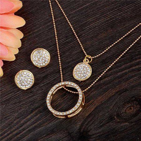 Fashiontage - Gold Crystal Circle Drop Earring Necklace Ring Pendant Jewelry Set - 916574928957