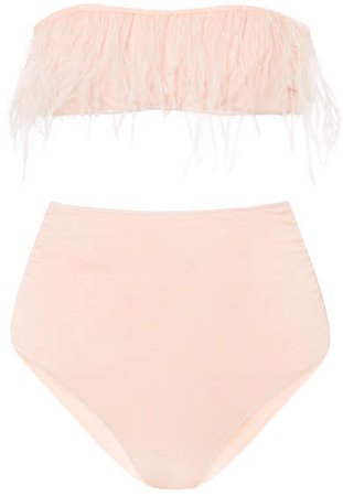 Feather-trimmed Bandeau Bikini - Pink