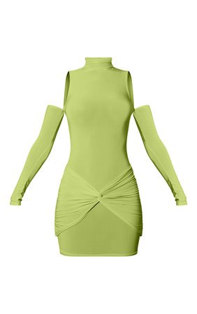 Lime Slinky Knot Front Cold Shoulder Bodycon Dress | PrettyLittleThing USA