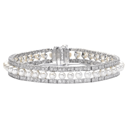 Modern Pearl, Diamond and Platinum Line Bracelet 3.81 Carat
