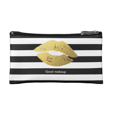 Stylish Gold Lips Girly Classic Black White Stripe Cosmetic Bag | Zazzle.com