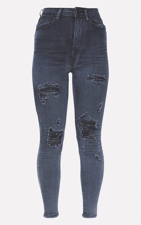 Plt Washed Black Distressed 5 Pocket Skinny Jean | PrettyLittleThing