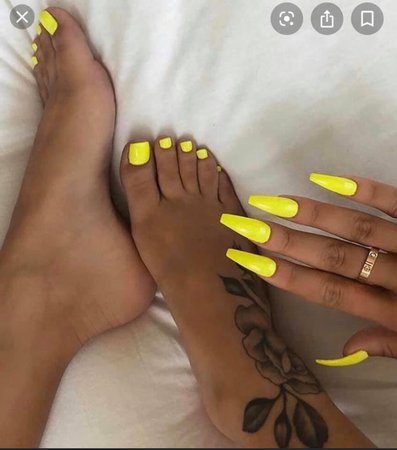 yellow mani pedi, rings, toe rings, nails