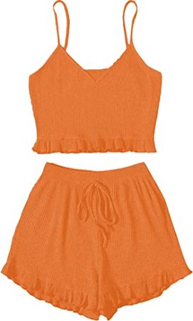 Orange Avanova Women's Pajama Set Ruffle Trim Cami Top and Shorts 2 Piece Sleepwear Set at Amazon Women’s Clothing store