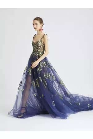 Botanical Branch-Embroidered Tulle Gown by Oscar de la Renta at...