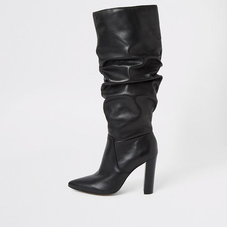 Black leather slouch heel boot | River Island