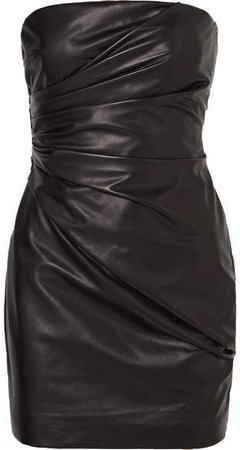 Strapless Ruched Leather Mini Dress - Black